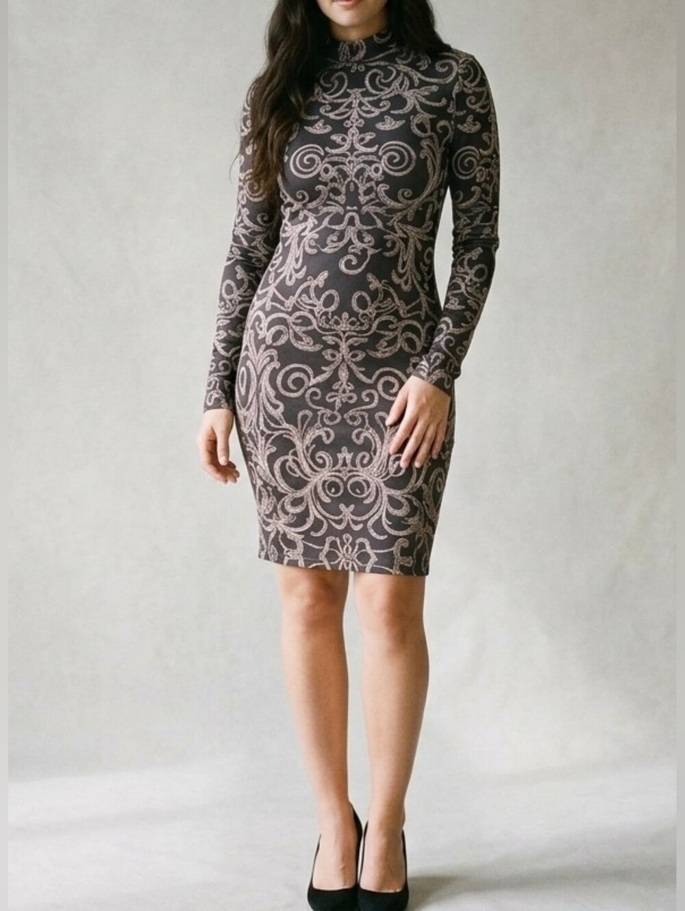 Mock Neck Long Sleeve Bodycon Mini Dress Baroque Scroll Print - Medium - NWT